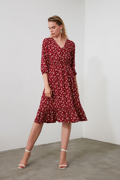 Trendyolmilla Bordo Cicekli Dugmeli Elbise Twoss20el0577 Trendyol