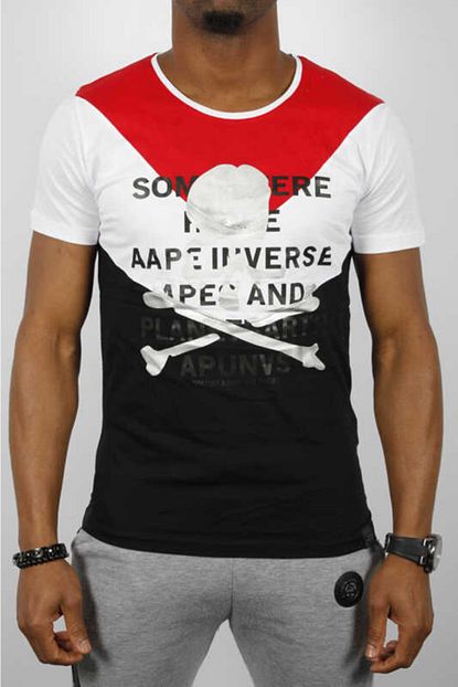 David Gerenzo Erkek Siyah Kuru Kafa Baski Renk Gecisli Kirmizi Bisiklet Yaka T Shirt Trendyol