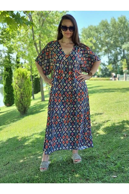 Park Moda Kadin Lacivert Trendbysena Otantik Desenli Italyan Elbise Trendyol