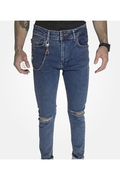Yigit Collection Erkek Mavi Dizi Yirtik Zincirli Kot Pantolon Trendyol