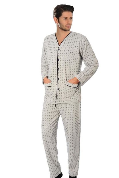 Aysu Erkek Mavi Onden Butun Dugmeli Penye Uzun Kol Pijama Takimi Trendyol