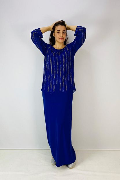 Rozesah Kadin Saks Mavisi Buyuk Beden Cubuklu Tasli Uzun Elbise Trendyol
