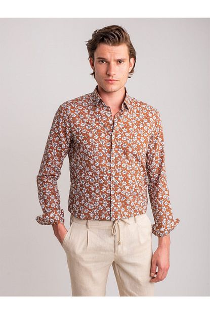 Dufy Kahve Cicek Desenli Pamuklu Erkek Gomlek Slim Fit Trendyol