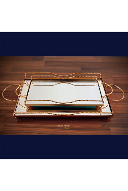 2 adet aynali gold zarif sunum ve servis tepsisi jardinyer