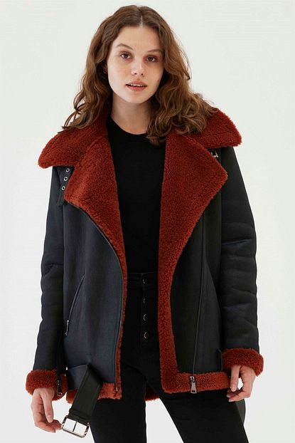 Black Noble Nichole Kadin Oversize Siyah Kiremit Kurklu Deri Ceket Trendyol