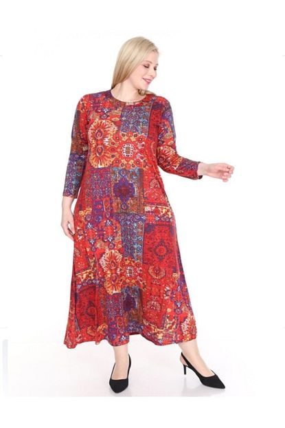 Sirin Butik Kadin Kirmizi Etnik Desenli Buyuk Beden Elbise Trendyol
