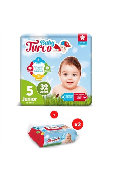Baby Turco 5 Numara Bebek Bezi 12 25 Kg Junior 32 Adet Islak Havlu 2x100 Yaprak Trendyol