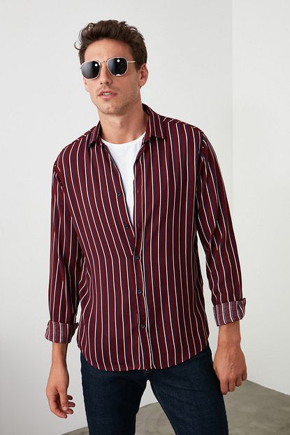 Trendyol Man Bordo Erkek Cizgili Gomlek Yaka Uzun Kollu Regular Viskon Gomlek Tmnaw21go0364 Trendyol