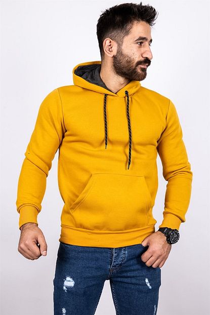 My Life Erkek Sari Kanguru Cep Uc Iplik Kapusonlu Sweatshirt Trendyol