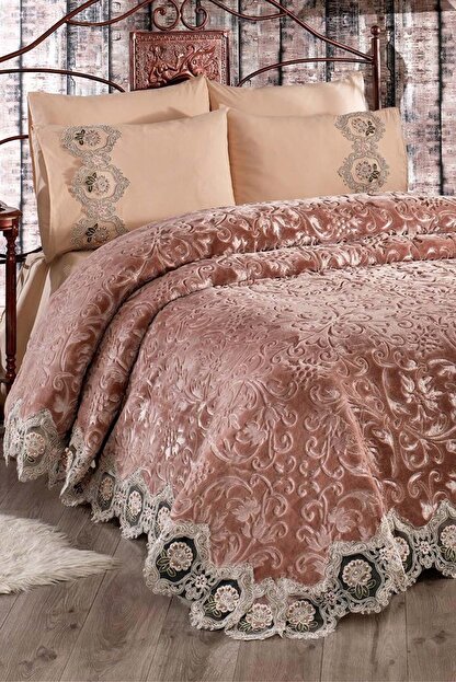 Bonny Home Shems Fransiz Dantelli Cift Kisilik Kapucino Battaniye Takimi Ceyizlik Yatak Ortusu Seti Fiyati Yorumlari Trendyol