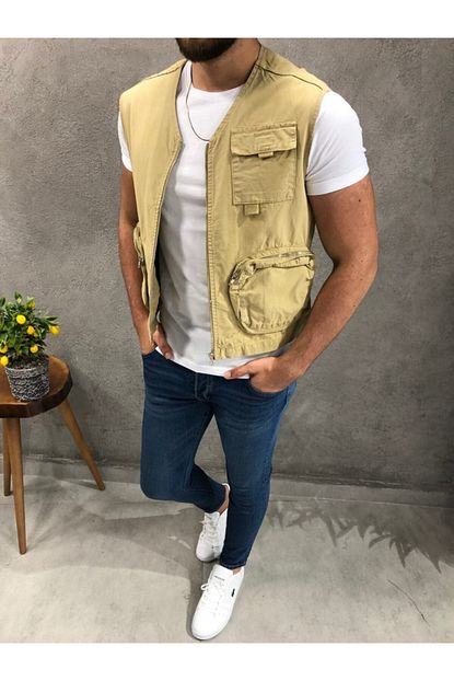 Garaj Erkek Acik Kahve Keten Yelek Trendyol