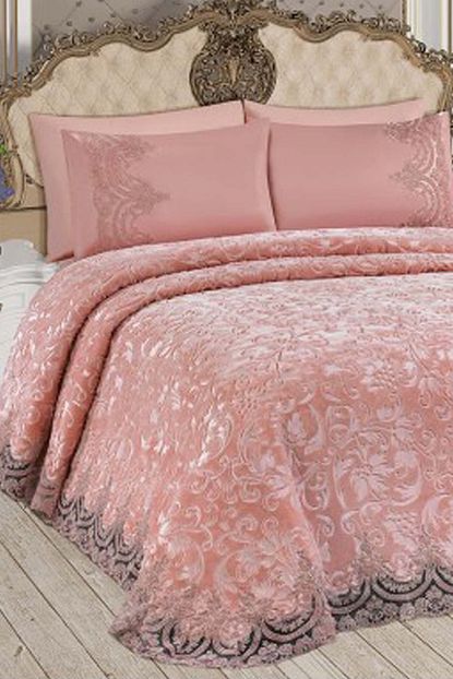 Bonny Home Fransiz Dantelli Cift Kisilik Pudra Battaniye Takimi Ceyizlik Yatak Ortusu Seti Trendyol