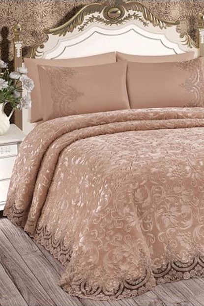 Bonny Home Fransiz Dantelli Cift Kisilik Kapucino Battaniye Takimi Ceyizlik Yatak Ortusu Seti Trendyol
