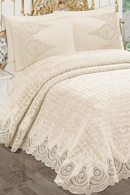 Bonny Home Kalpler Fransiz Dantelli Cift Kisilik Krem Battaniye Takimi Ceyizlik Yatak Ortusu Seti Trendyol