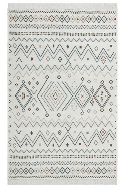 Eko Hali Arya Ar 05 Beige Bej Mavi Yikanabilir Pamuk Etnik Kilim Trendyol