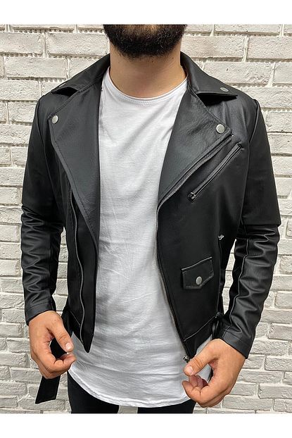 Marco Vacio Erkek Siyah Dar Kesim Deri Ceket Trendyol