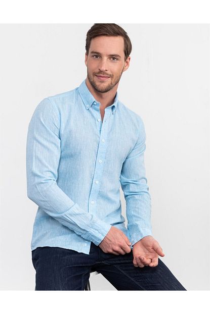 Tudors Erkek Turkuaz Slim Fit Yazlik Keten Gomlek Trendyol