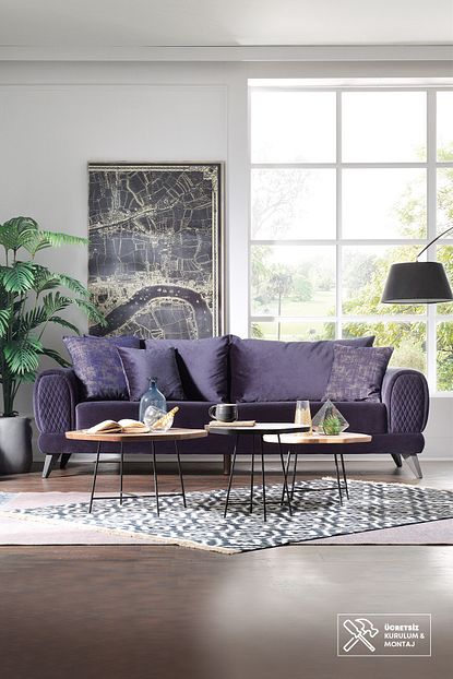 Enza Home Marlena 3 Lu Yatakli Koltuk Lacivert Kadife Kumas Trendyol