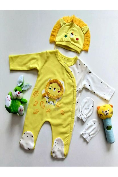 Fantastic Baby Erkek Bebek Sari Yeni Dogan Aslanli Tulum Seti 3 Lu Trendyol