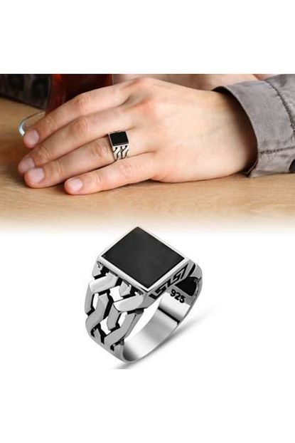 Merishopping Zincir Tasarim Siyah Oniks Tasli 925 Ayar Gumus Erkek Yuzuk Trendyol