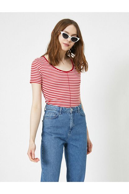 Koton Kadin Kirmizi Cizgili T Shirt 0yal18600ik Trendyol