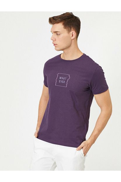 Koton Erkek Mor Bisiklet Yaka Yazili T Shirt Trendyol