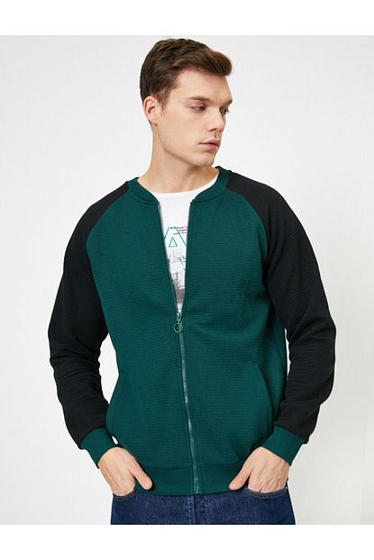 Koton Erkek Yesil Fermuarli Cep Detayli Bomber Yaka Bloklu Hirka Trendyol