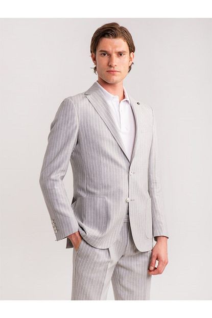Dufy Erkek Gri Cizgili Virgin Wool Yun Keten Karisimli Takim Elbise Trendyol