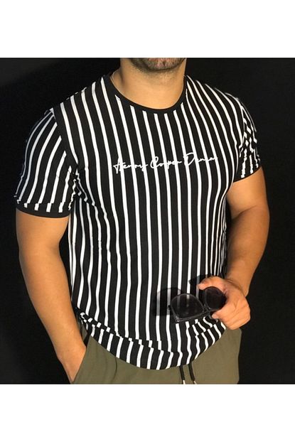 Appafashion Erkek Siyah Beyaz Cizgili Yazili T Shirt Trendyol