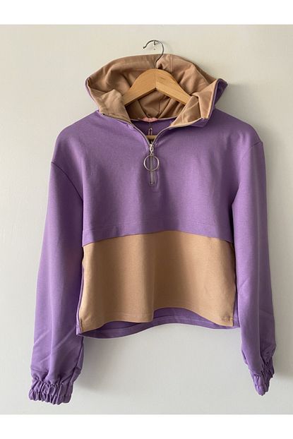 Aleyar Kadin Mor Renkli Kapsonlu Crop Sweatshirt Trendyol
