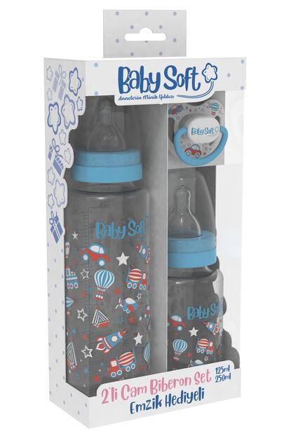 Babysoft 250 Ml 125 Ml Cam Biberon Ve Damak Uclu Emzik Seti Mavi Kiz Erkek Trendyol