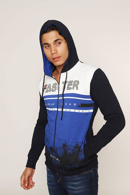 Club Ju Erkek Mavi Kapsonlu Fermuarli Sweatshirt Trendyol