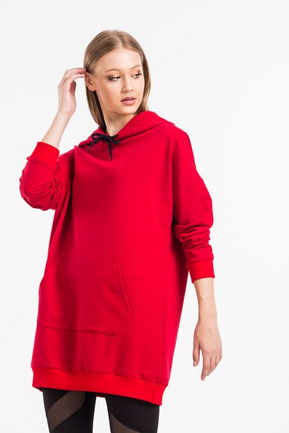 Primo Ricco Kadin Kirmizi Duz Salas Cepli Ve Kapusonlu Sweatshirt Trendyol