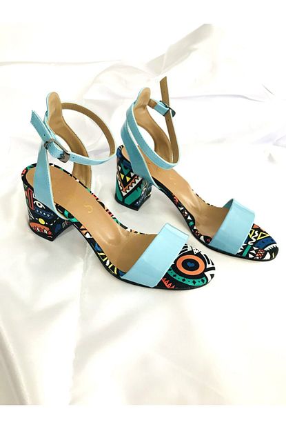Kalan Shoes Kadin Mavi Renkli Ekose Tek Bant Topuklu Ayakkabi Trendyol