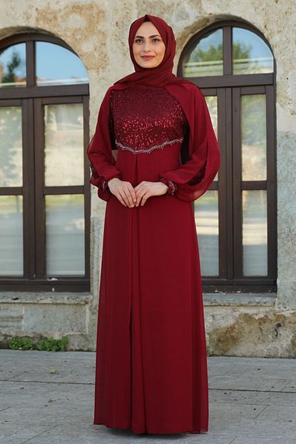 Feiza Collection Kadin Kirmizi Sifon Kumas Tesettur Abiye Elbise Trendyol
