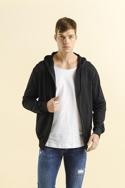 Oksit Erkek Siyah Fermuarli Kapusonlu Sweatshirt Trendyol