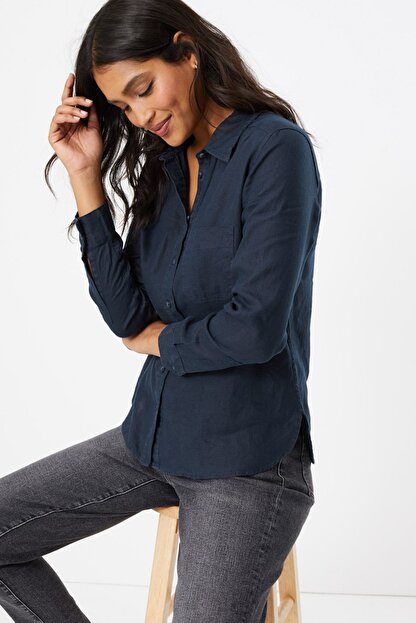 Marks Spencer Kadin Lacivert Keten Gomlek T43001401 Fiyati Yorumlari Trendyol