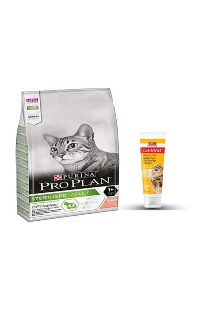 kisirlastirilmis somonlu kuru kedi mamasi 3 kg bio petactive malt pasta 100 ml