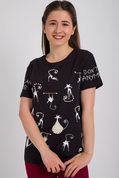 incili kedi baskili t shirt siyah