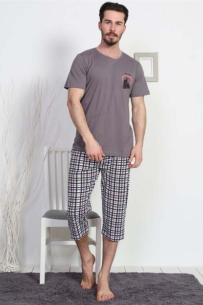 Gazzaz Erkek Gri Kisa Kollu Penye Kaprili Pijama Takimi Trendyol