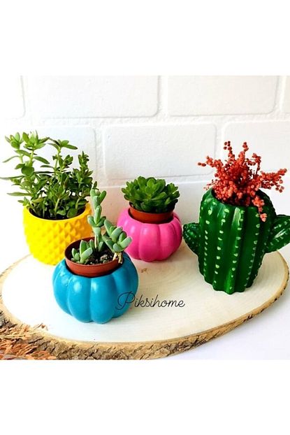 Piksihome El Yapimi 4 Lu Kaktus Ananas Kabak Tasarimli Mini Dekoratif Saksi Ciceksiz Trendyol