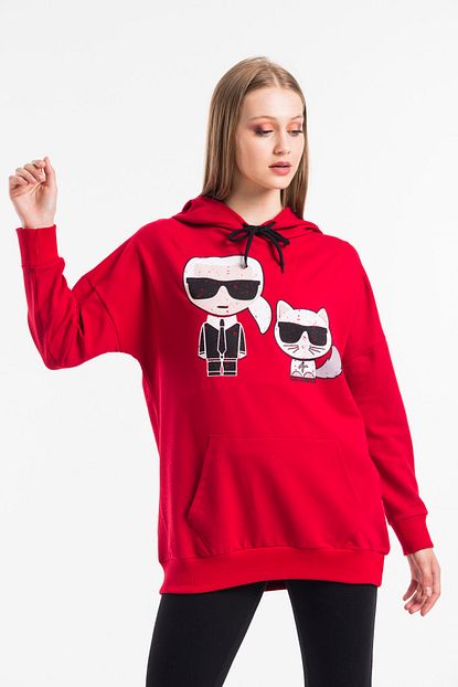 Primo Ricco Adam Baskili Cepli Ve Kapusonlu Kirmizi Kadin Sweatshirt Trendyol