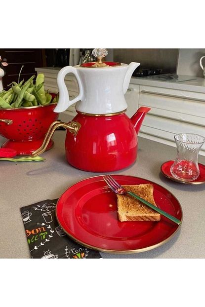 Senalseversinhome Vintage Emaye Porselen Caydanlik Seti Kirmizi Trendyol