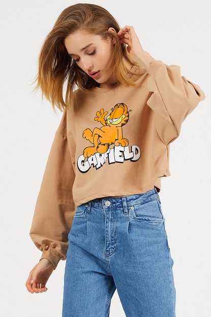 Kumral Kadin Sari Cizgi Film Kedi Baskili Sweatshirt Trendyol