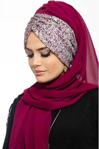 Aise Tesettur Kadin Jakarli Visne Kabartma Desenli Bandana Abiye Sal Trendyol