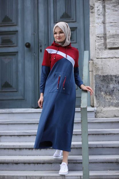 Moda4b Kadin Mavi Kirmizi Beyaz Kapusonlu Detayli Tesettur Elbise Trendyol