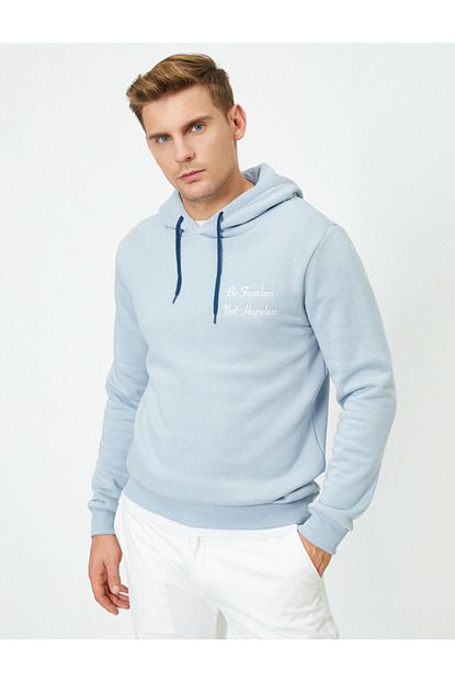 Koton Erkek Mavi Kapusonlu Yazi Islemeli Uzun Kollu Sweatshirt Trendyol