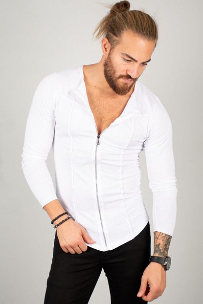 Deepsea Beyaz Erkek Fermuarli Onu Biyeli Sweat 2009836 Trendyol