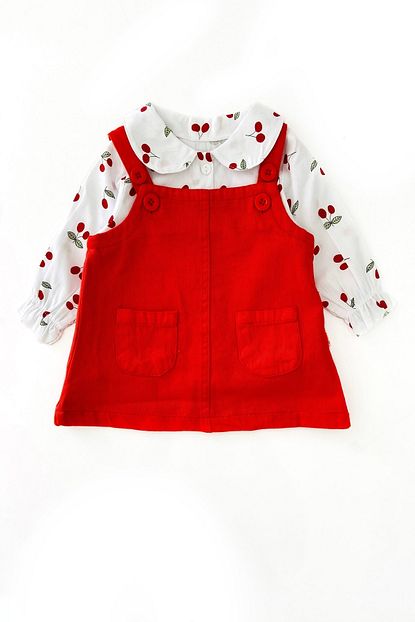 Colored Baby Kiz Bebek Kiraz Detayli Gomlek Ve Kirmizi Jile 2 Parca Trendyol