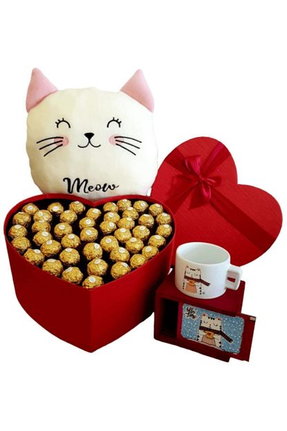 1001hediye Arkadasa Hediye Rocher Cikolata Kalp Kutu Kedi Kutulu Kupa Ve Miyav Yastik Trendyol